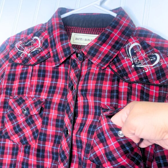 Red Multi Color Long Sleeve Button Up Pearl Snap Flannel Shirt Large - Picture 5 of 14